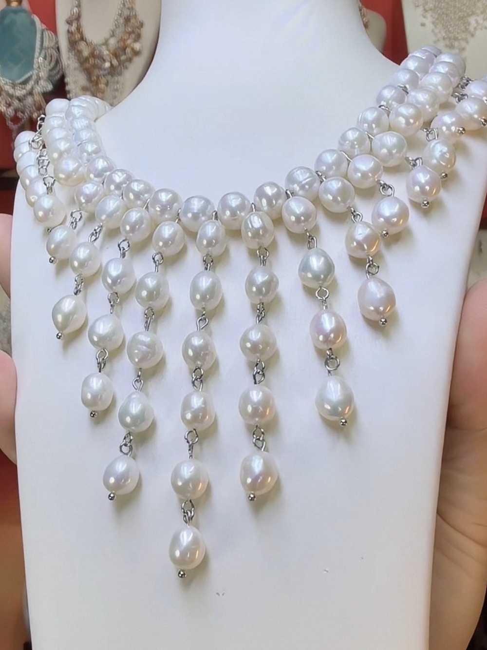 Elegant Genuine White Pearl Fringe Necklace